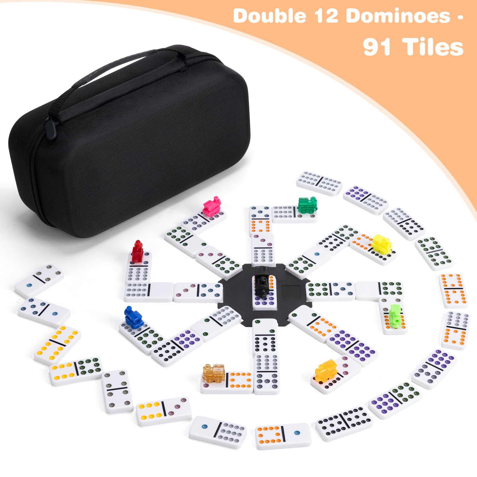 Fowreny Mexican Train Double 12 Dominoes Set - 91 Tiles with 4 Wooden Trays & Travel Case, Family Board Game for Adults Kids Party Travel