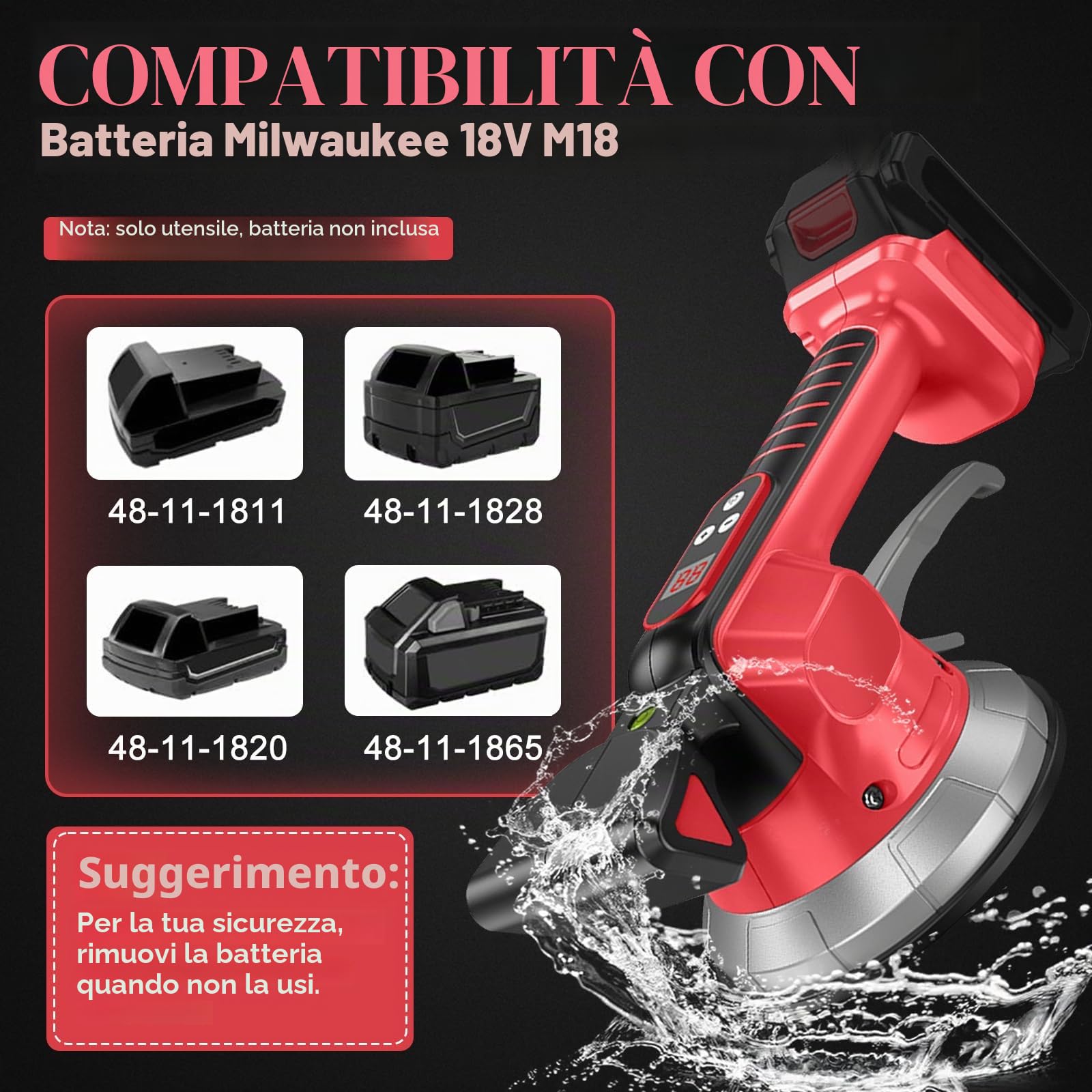 Agitatore a batteria compatibile con batteria Milwaukee da 18 V (senza batteria) | Piastrella, con 10 velocità regolabili, ventosa da 14,5 cm, assorbimento 200 kg, vibratore per piastrelle da 30-240 cm