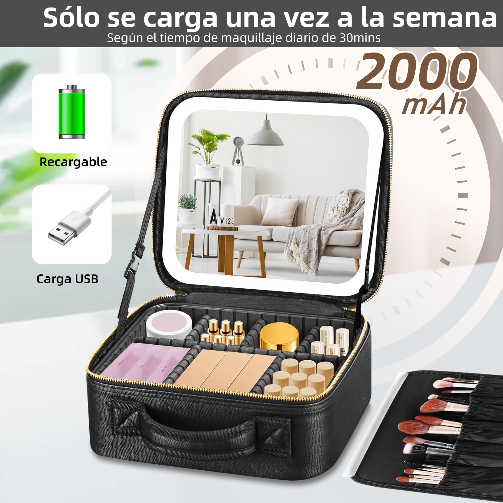 Bolsa de Maquillaje de Viaje Bolsa de cosméticos Bolsa organizadora de Maquillaje con Espejo Iluminado Grande 3 Modos de Color Brillo Ajustable, Impermeable PU Cuero Maquillaje Viaje Tren Caso