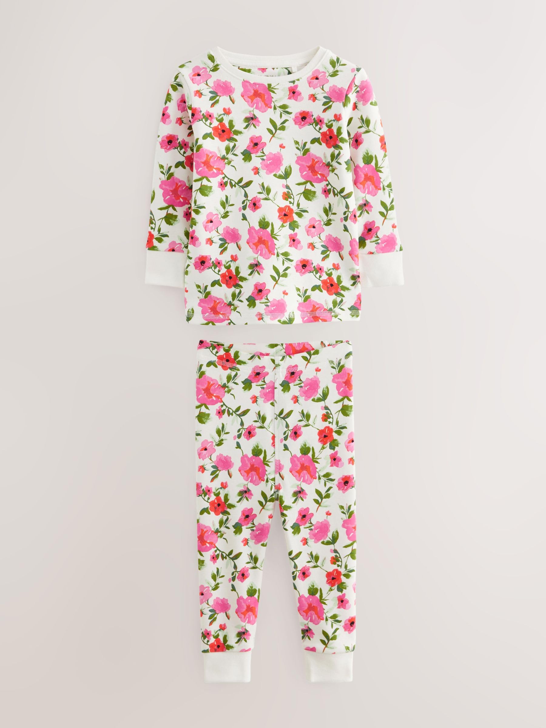 NEXT Ragazza Confezione da 3 Pigiami Comodi a Fiori | Bambino, Standard, Mid Rise, Pull On, 100% cotone