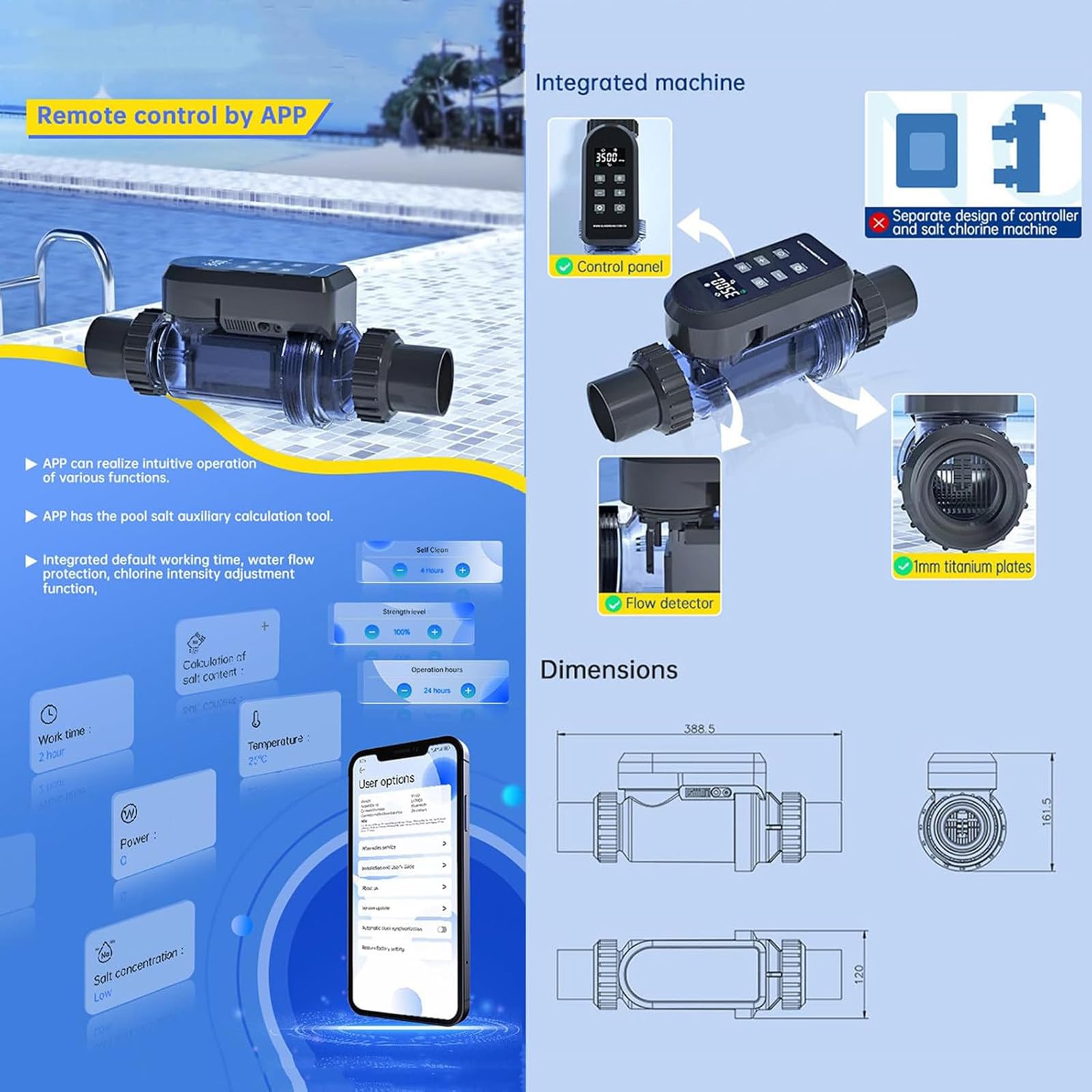 Clorador Salino para Piscinas, Generador de Cloro Salino con Control App Inteligente, Sixs Alarmas, Autolimpieza, Ajuste de Salida del 5-100%, para Piscinas de hasta 60.000 GAL,15g/h