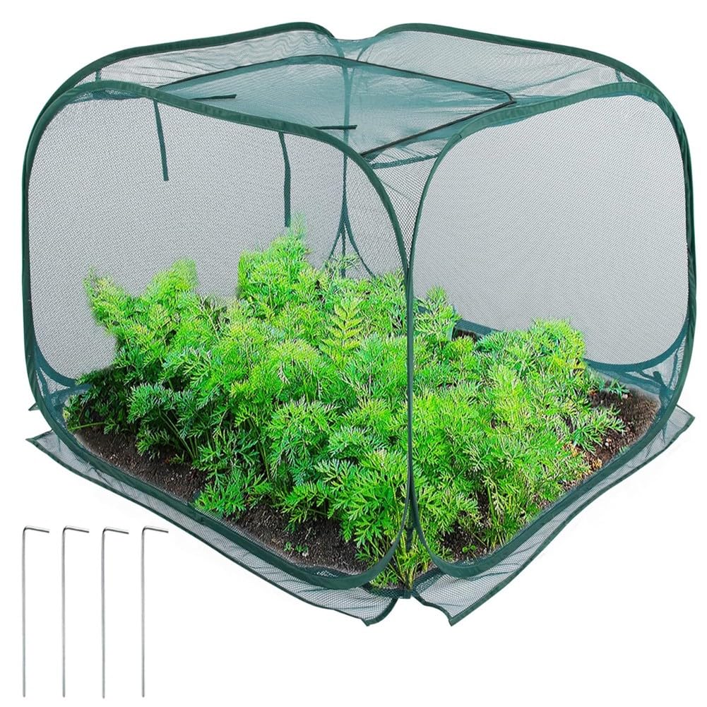 ZYNCUE Copertura per piante pieghevole in rete con 4 paletti, rete da giardino verde per protezione e controllo dei parassiti, protezione per piante da esterno riutilizzabile