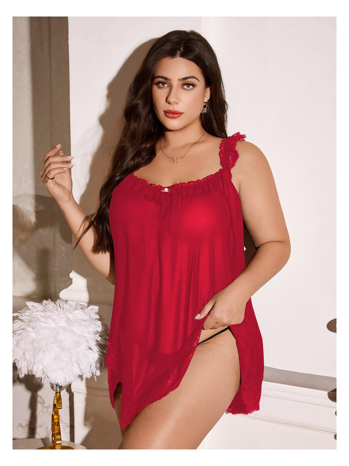 OYOANGLE Women's Plus Size Lace Sheer Chemise Nightgown and Thongs 2 Piece Lace Babydoll Lingerie Set: Large Plus Red