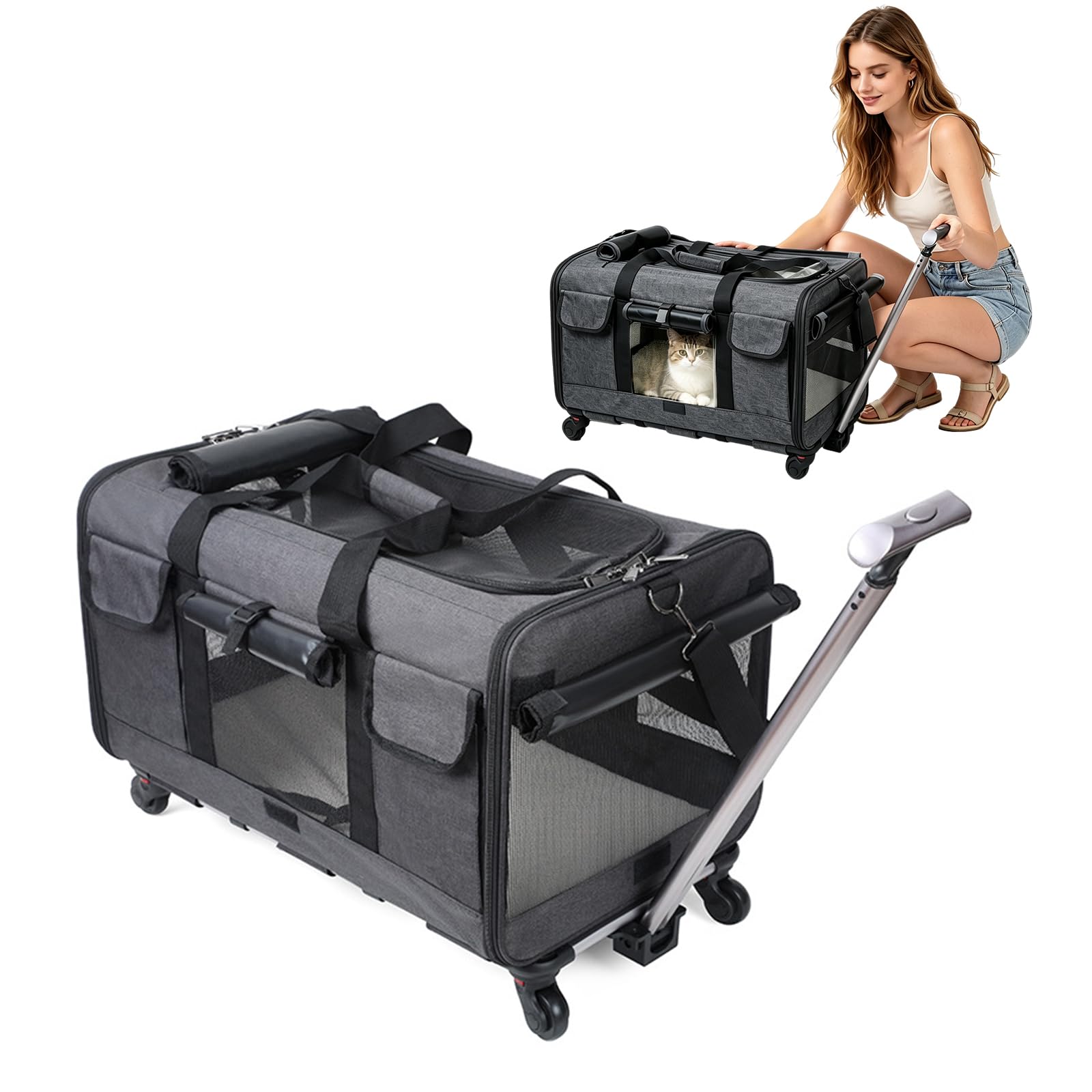 PETCUTE Transportín para Mascotas con Ruedas Carga de 17.5kg,Transpirable Transportador para Mascotas con Asa Telescópica,Plegable Transportín Perro Gato con Alfombrilla extraíble,Aerolínea Aprobada