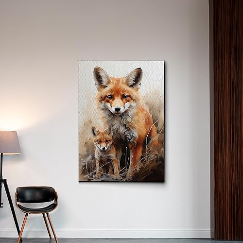 Miniatura 3 de Fox Mother Cub Prints, In The Style Of Stencil,Based, Ivory, Kids Wall Art, Kids Wall Art Display, Mom And Baby Animal Art Print, Canvas, Wall Decor