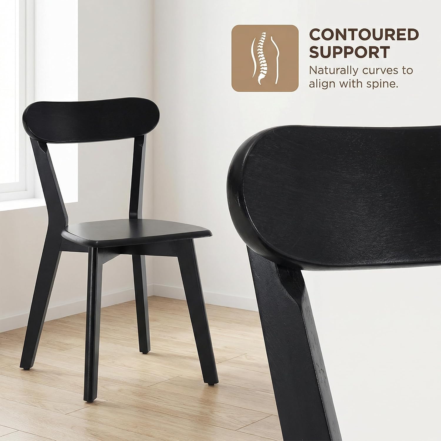 HNY Farmhouse Solid Wood Dining Chairs Set of 4, Mid Century Modern Dining Chairs with Open Curved Back, Armless Wooden Kitchen & Dining Room Chair for Dining Living Room Restaurant, Black