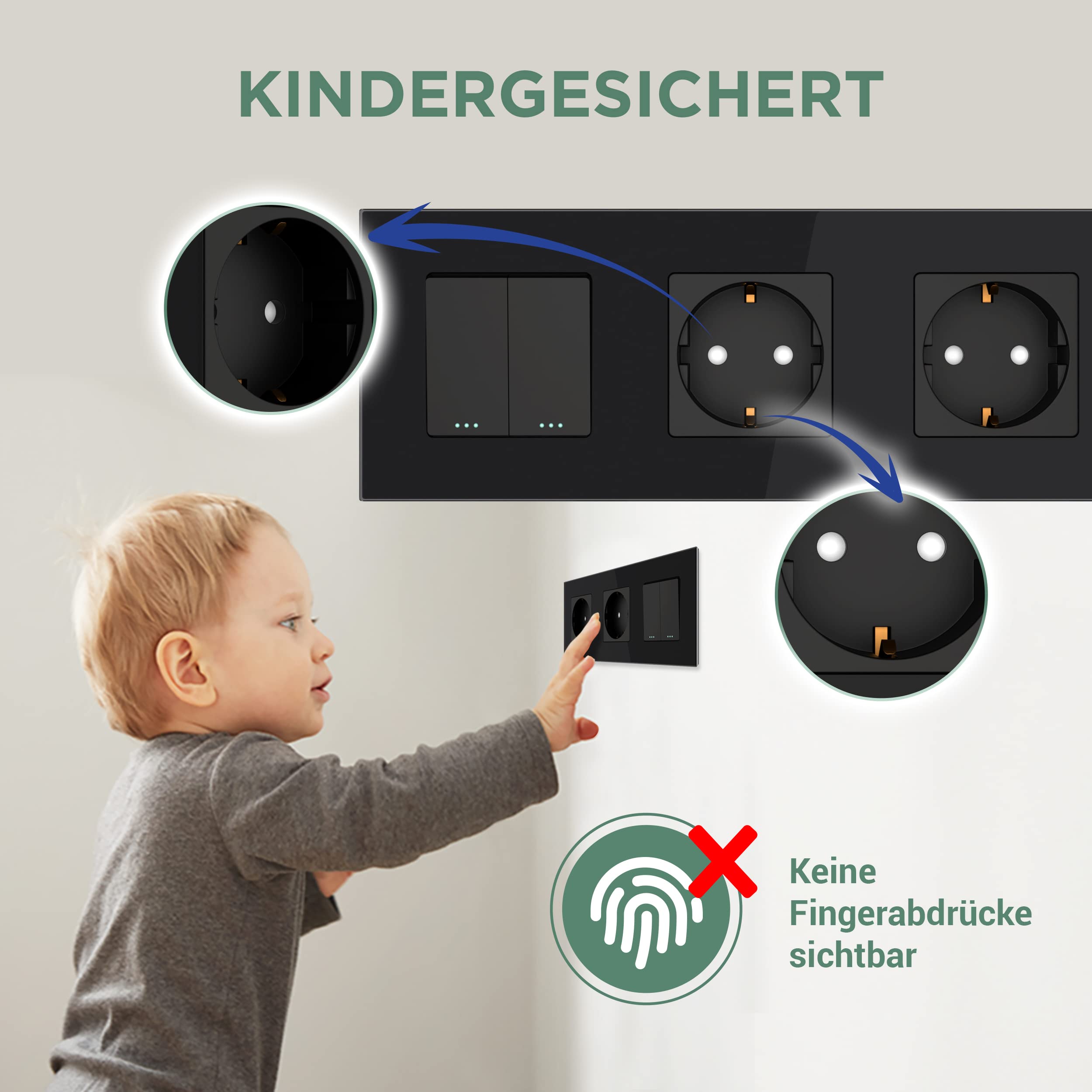 PULSAR Lichtschalter mit Steckdose Unterputz Schwarz Glas, Kombination 2-Fach mit Glasrahmen, Ein-Aus Schalter 1-Weg und Schutzkontakt-Steckdose 16A, 157 x 86mm