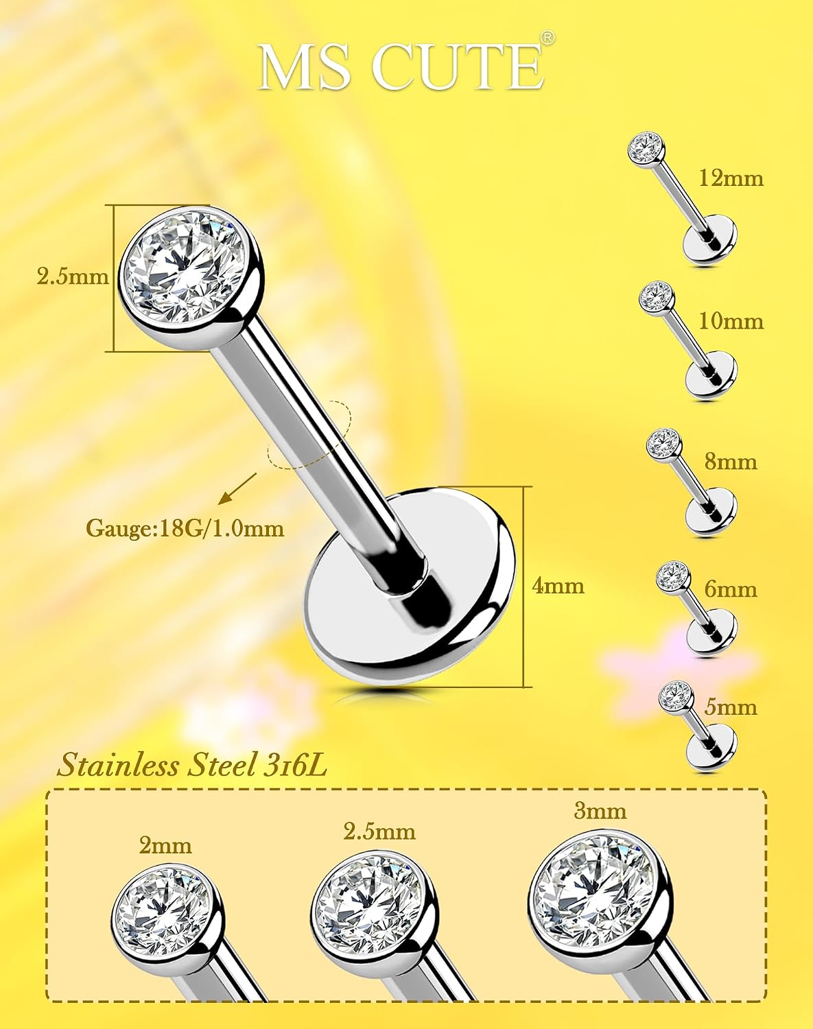 2Pcs Silver 20G/18G/16G Threadless Nose Stud Flat Back Earrings 316L Surgical Steel CZ Daity Nose Helix Cartilage Tragus Conch Labret Medusa Monroe Piercing Jewelry-Multiple Sizes & Gauges