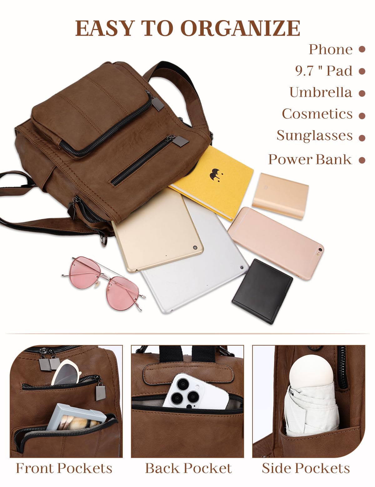 RAVUO Mochila Pequeña Mujer,Impermeable Bolso Mochila de Cuero Pu Mini Mochila Casual Bolso de Mano para Viaje Escolar,Marrón