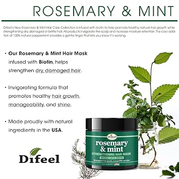 Difeel Rosemary and Mint Strengthening Hair growth Mask with Natural Rosemary Oil and Biotin 12 oz.