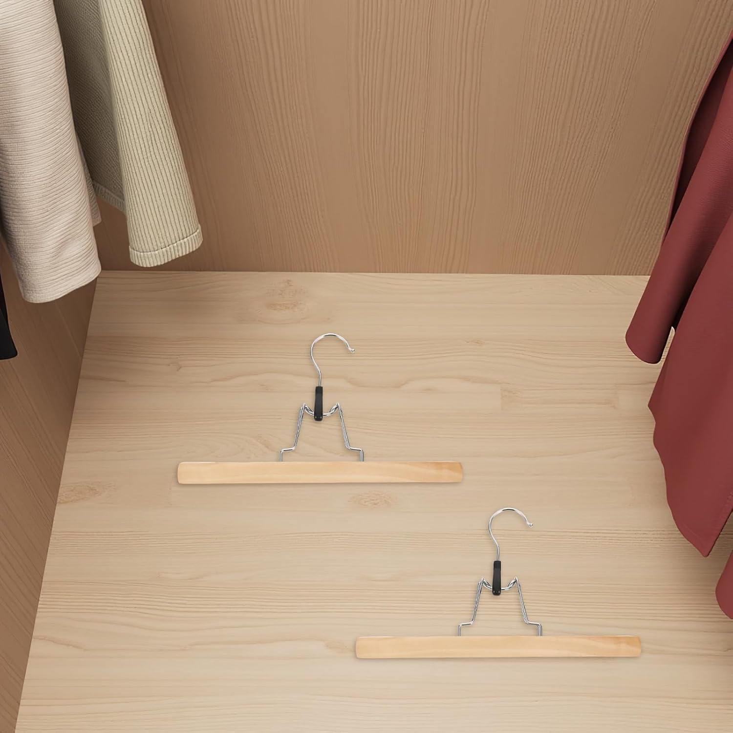 Wooden Pants Hanger with Silicone Clips, Non Slip Skirt Clamp