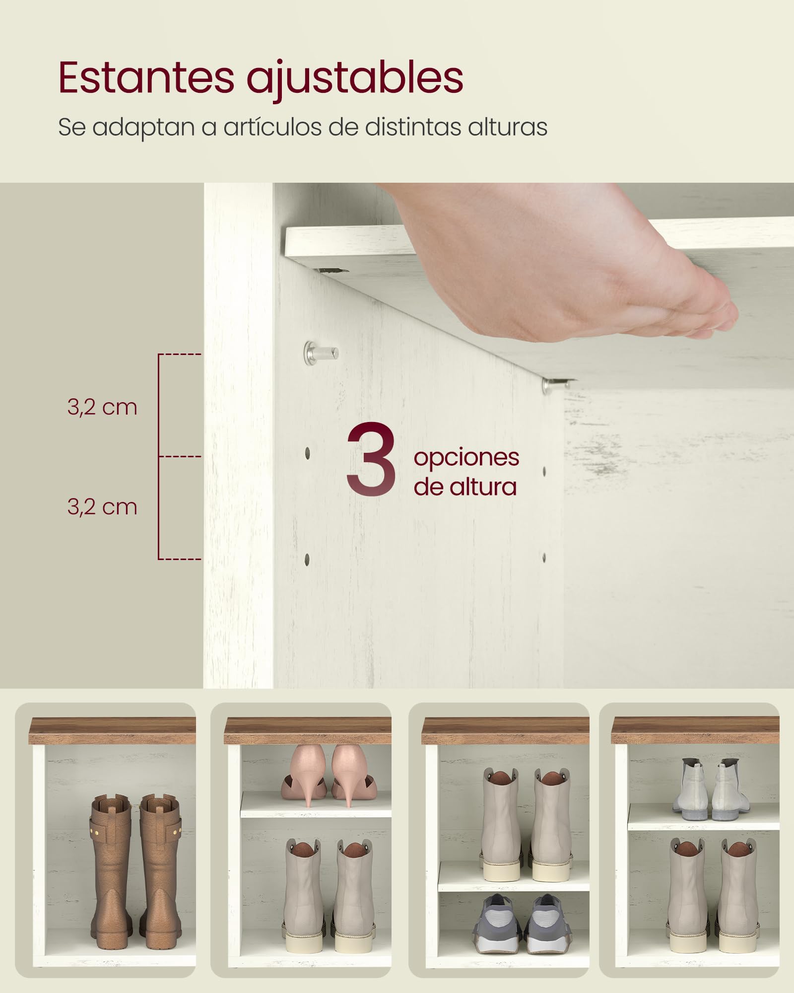 VASAGLE Banco Zapatero, Zapatero con Asiento, 6 Compartimientos, Estantes Ajustables, para Entrada, Sala de Estar, 29,5 x 100 x 50 cm, Blanco Rústico y Marrón Miel LSB036W02