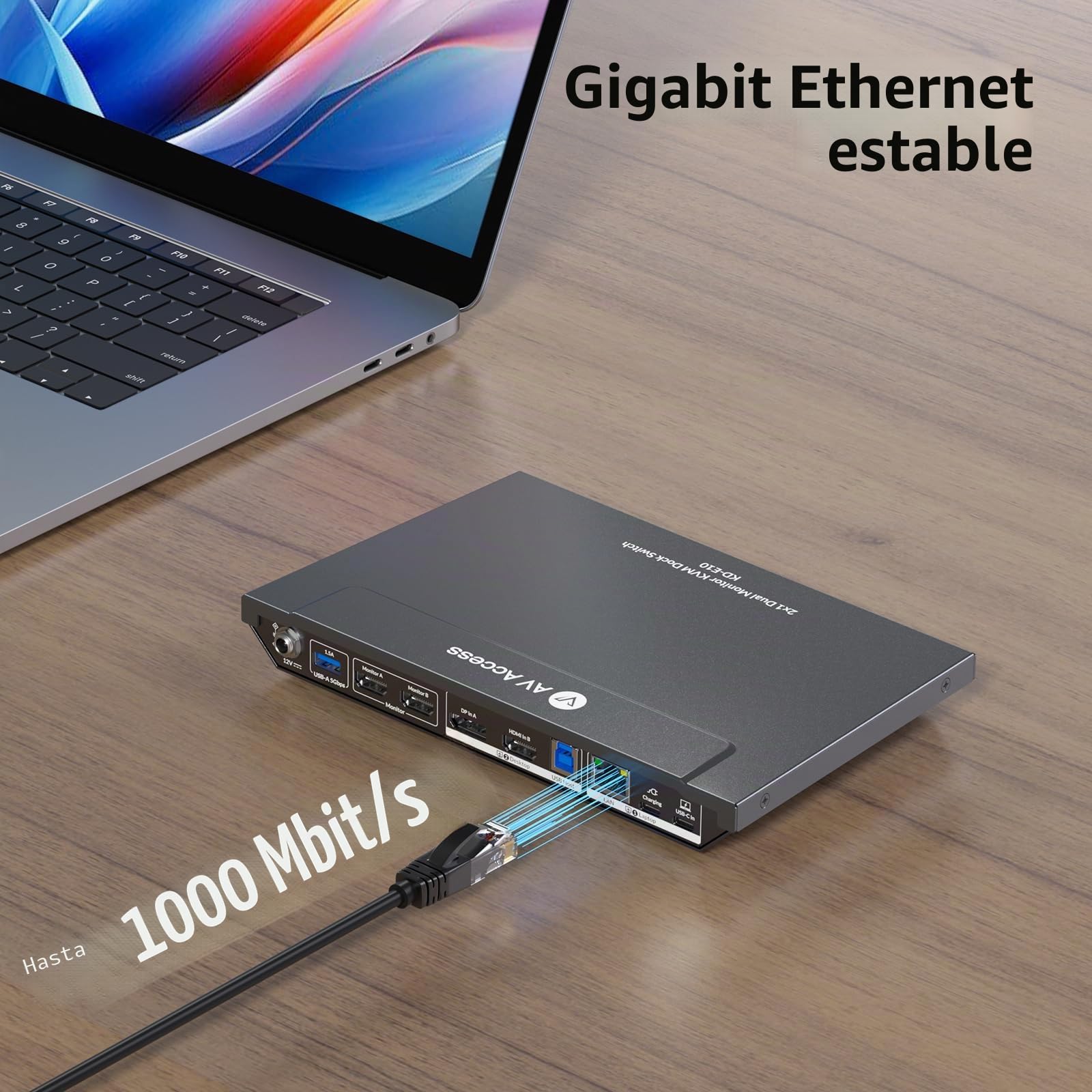 AV Access Conmutador KVM Docking para 2 Monitores 2 PCs, 4K Dual Monitor Laptop/Escritorio, EDID, Ethernet 1G, Carga USB-C 100W, 3 USB 3.0, Ideal Oficina Hogar y Gaming