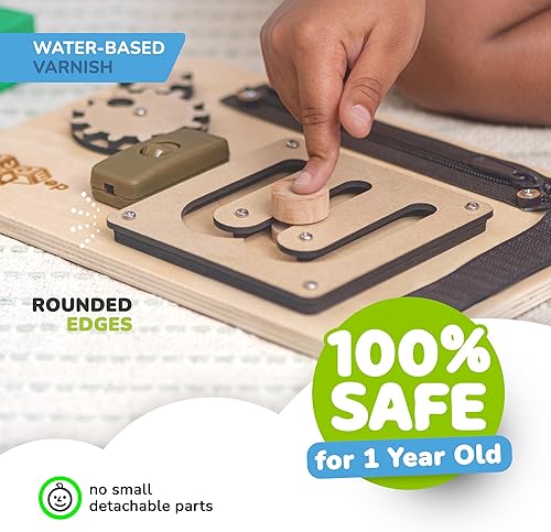 Vista 13 de deMoca Tabla sensorial de actividades para niños pequeños, tablero de madera de primera calidad para niños de 1, 2, 3 años con 10 actividades