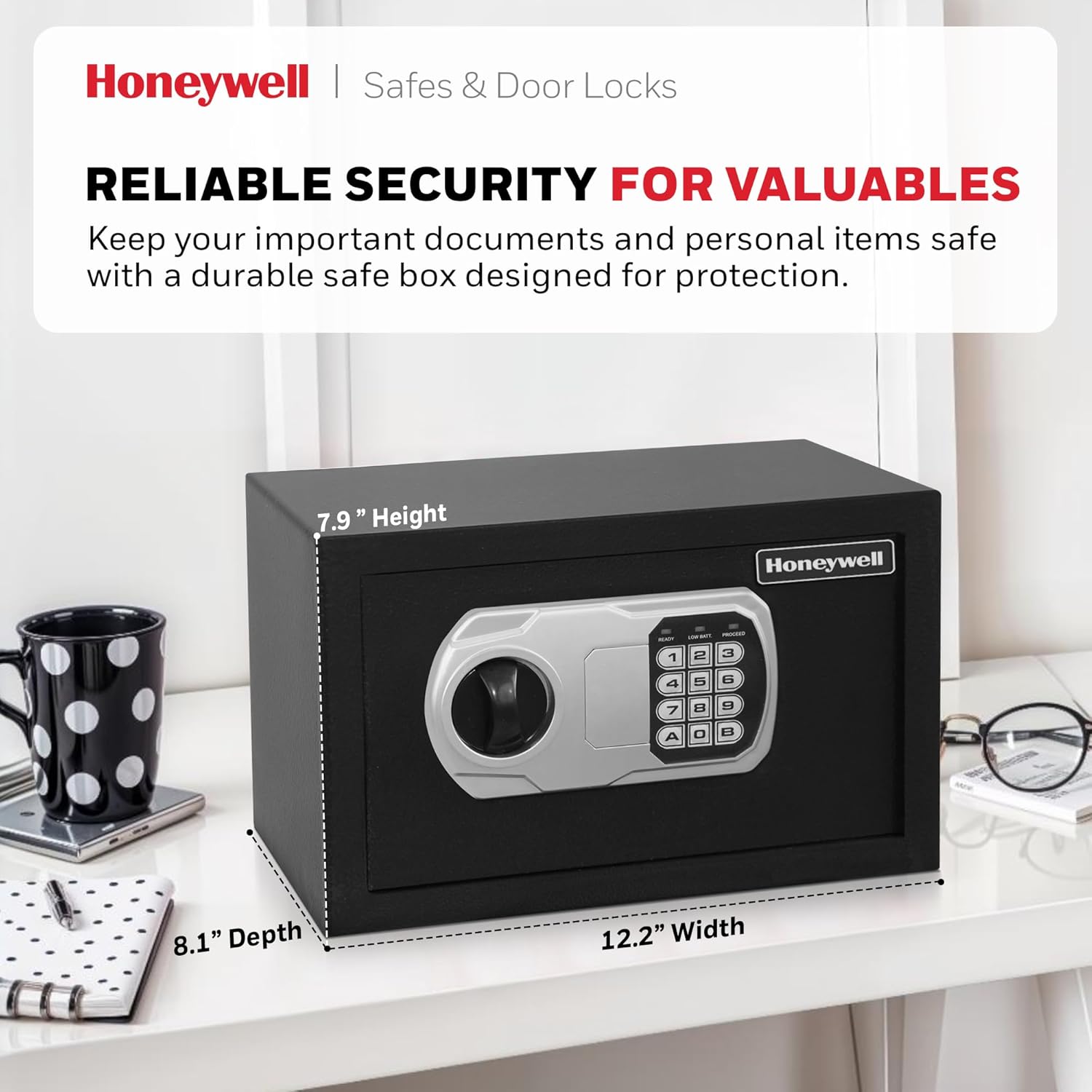 Honeywell safe with dimensions labeled: 7.9 inches height, 12.2 inches width, 8.1 inches depth.