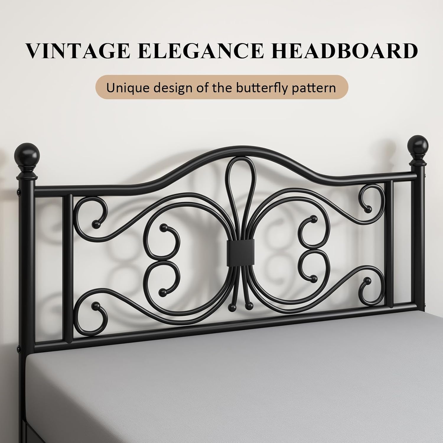 E-Motie Queen Size Bed Frame, Metal Platform Bed with Butterfly Pattern Design Headboard and Footboard/Mattress Foundation/Under Bed Storage/No Box Spring Needed/Easy Assembly/Noise Free/Black