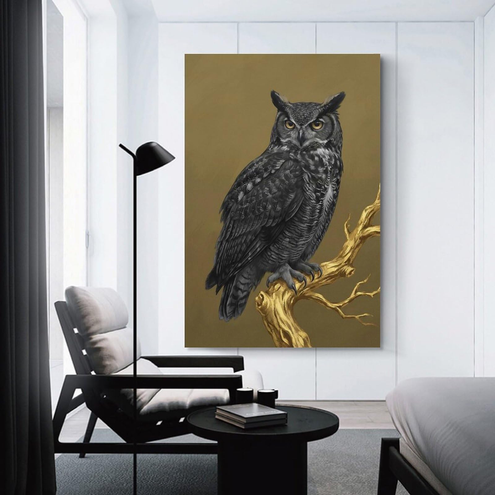 Junmoney Great Horned Owl on Golden Branch Decorative Wall Artwork, 20x30inch(50x75cm), for New Homes, Bedrooms Or Workspaces, Gift Idea for Housewarming And Birthdays