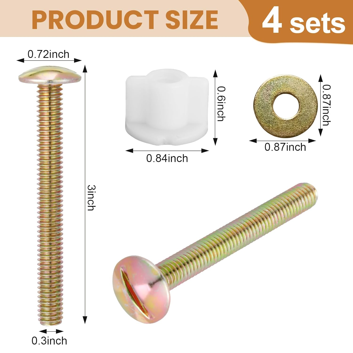 4 Sets Toilet Seat Screws Replacement Kit, Universal Toilet Seat Bolts, Sturdy Toilet Screws for Seat, Toilet Lid Screws Easy to Install, Toilet Screws with Nylon Nuts and Metal Washers