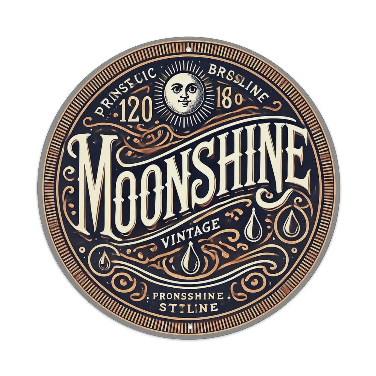 Vintage Moonshine Label Design Art Vintage Round Tin Sign Retro Metal Wall Decor Metal Poster, Home Bar Garage Cafe Wall Art Decoration 8x8Inches