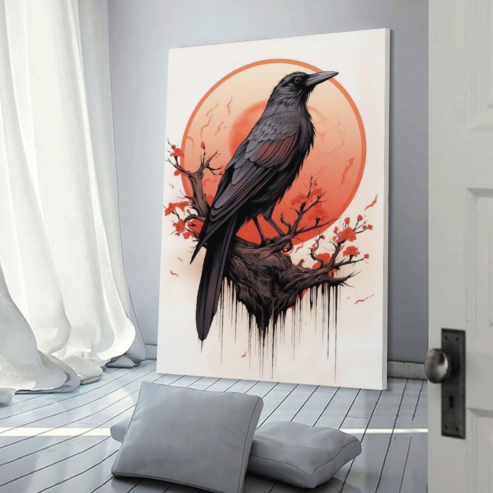 Junmoney Frame-Style-17 Decorative Wall Artwork Red Moon Raven Ink, 08X12inch(20X30cm), For Sofa Walls, Lounge Or Home Corners, Modern Wall Decor For Cosy Interiors