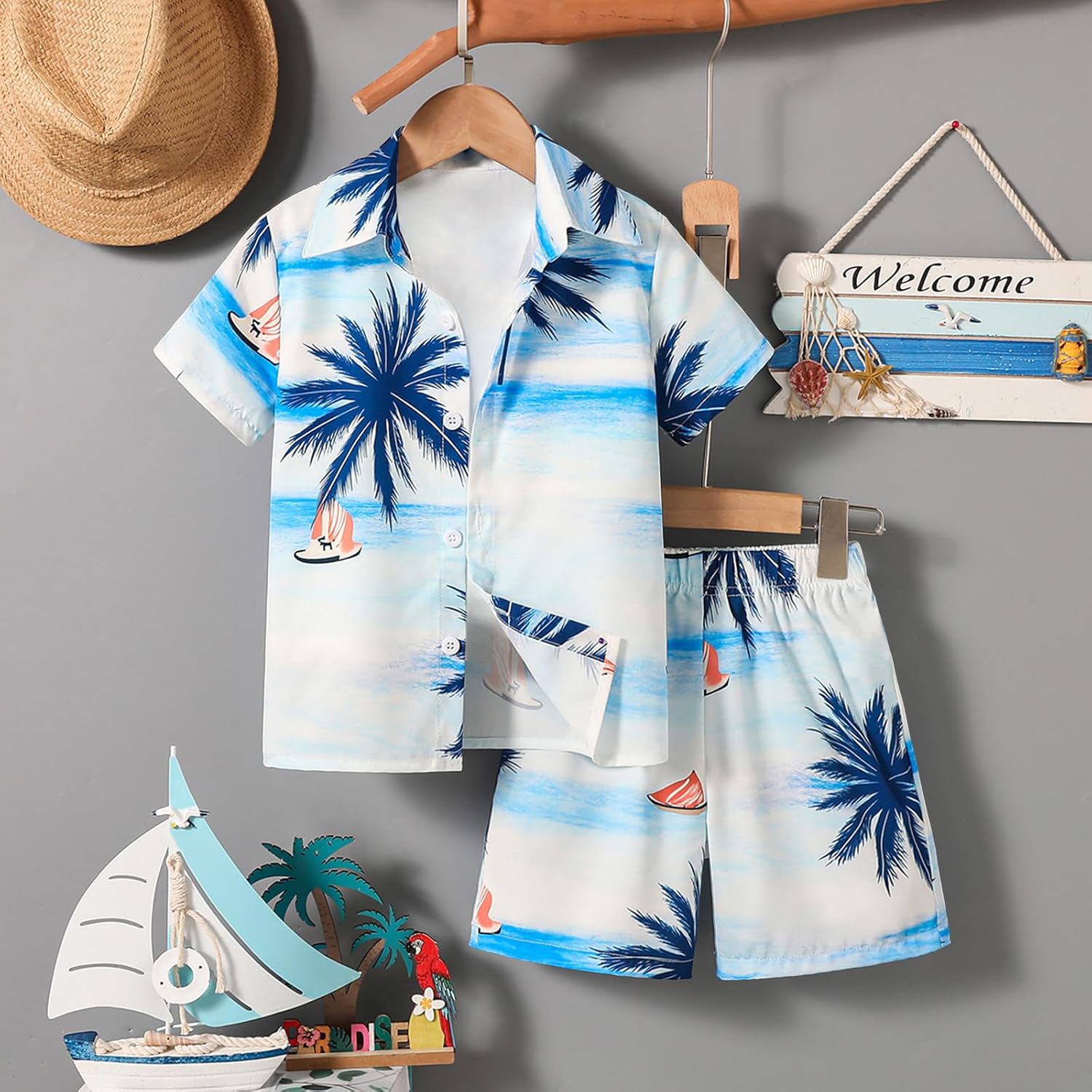 2 PCS Hawaiian Shirts for Boys, Short Button Down Shirt and Shorts Summer Beach Outfits for kids - Image 2