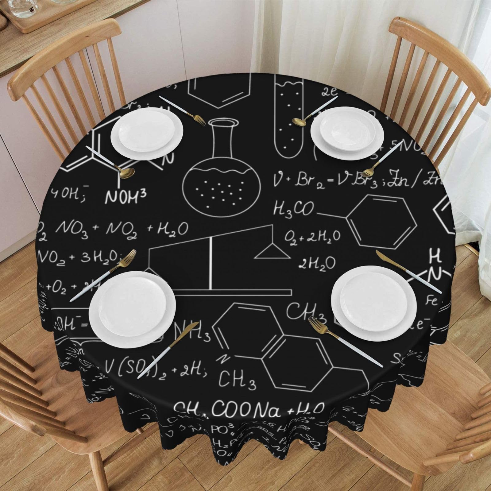 DCEHGEW 60 In Round Tablecloth with Lace, Abstract Science Chemistry Printed Oilproof & Washable Fabric Picnic Table Cloth Table Covers