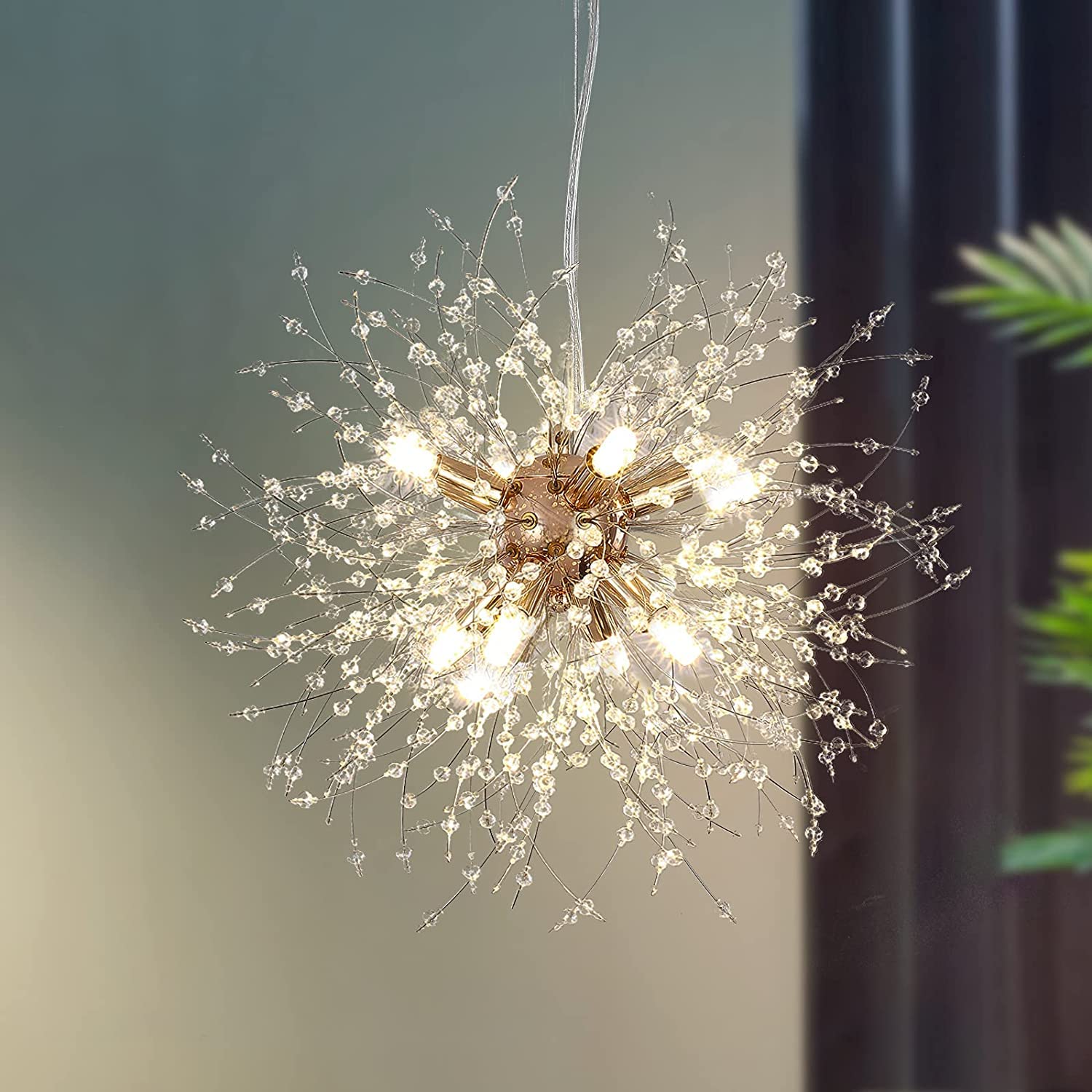 CAI-HAI Modern Fireworks LED Crystal Chandelier G9 Dandelion Chandelier Bedroom Dining Room Lights 8 Bulbs Gold