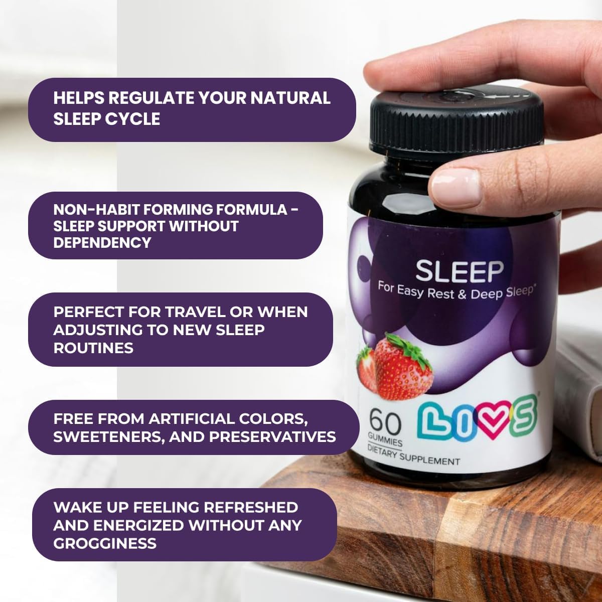 LIVS Sleep Gummies with Melatonin | Deep Sleep Supplement Vegan, Gluten-Free, Non-GMO Sleeping Gummies | Natural Calm & Relaxation Support | Strawberry Flavor 5mg Melatonin Per Dose 120 Ct