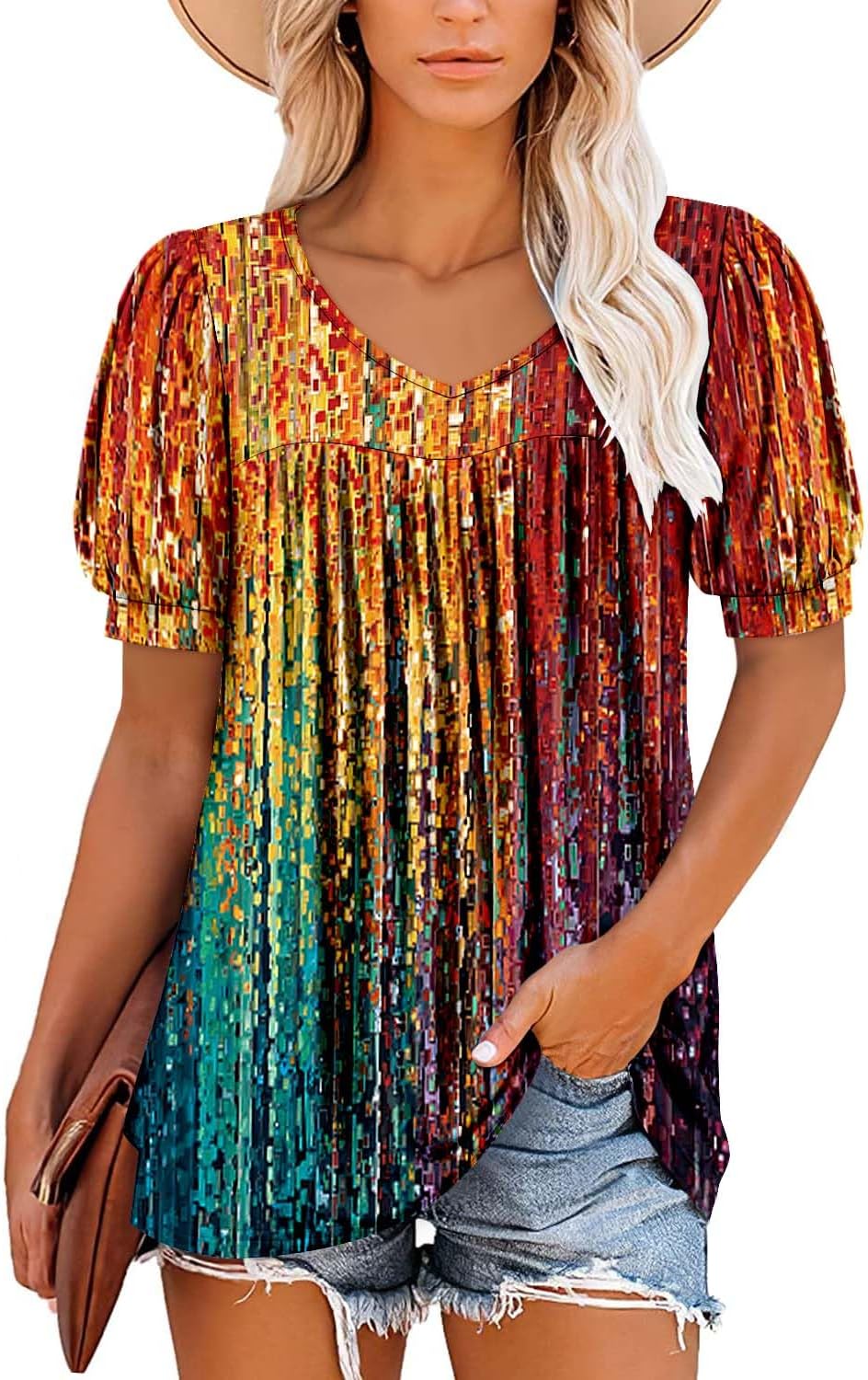 ROSELINLIN Womens Ruffle Sleeve Tunic Tops V Neck Loose Fit Short Sleeve Summer Shirts - Image 2