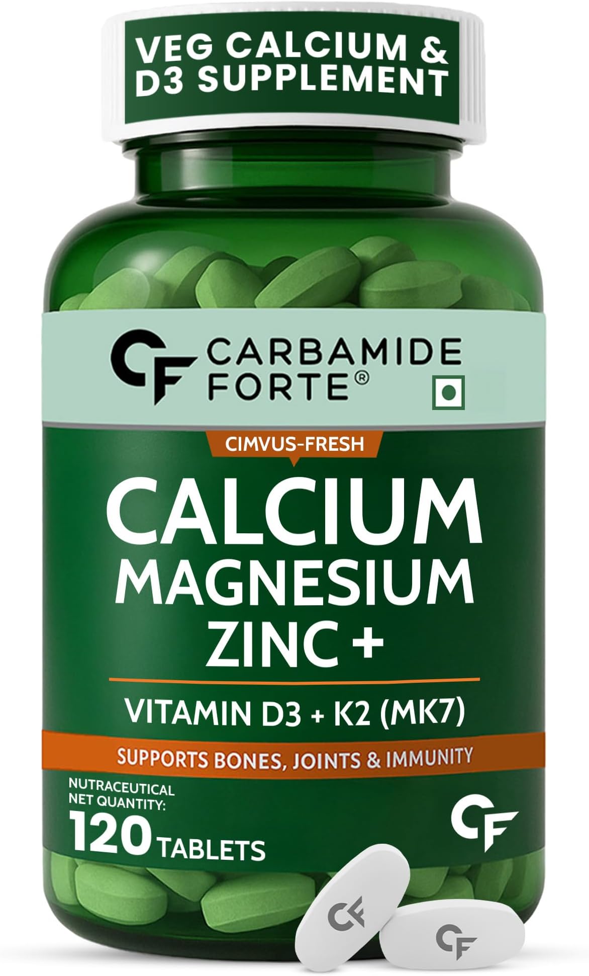 Carbamide Forte Veg Calcium And Vitamin D3 Tablets | Calcium Tablets for Women & Men | Magnesium Zinc Supplement With Vitamin D3 + K2 MK7 To Support Bones health, Joints & Immunity - 120 Tablets
