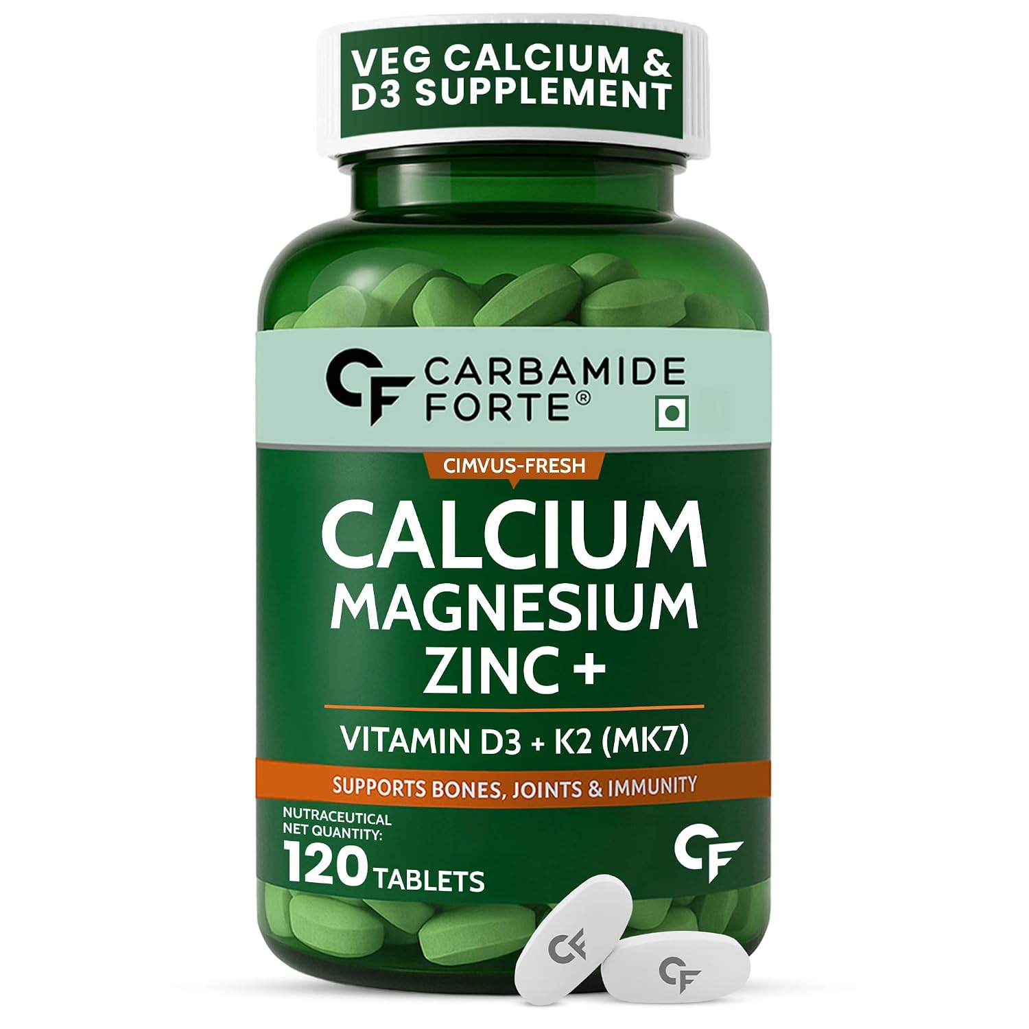 Carbamide Forte Veg Calcium And Vitamin D3 Tablets | Calcium Tablets for Women & Men | Magnesium Zinc Supplement With Vitamin D3 + K2 MK7 To Support Bones health, Joints & Immunity – 120 Tablets