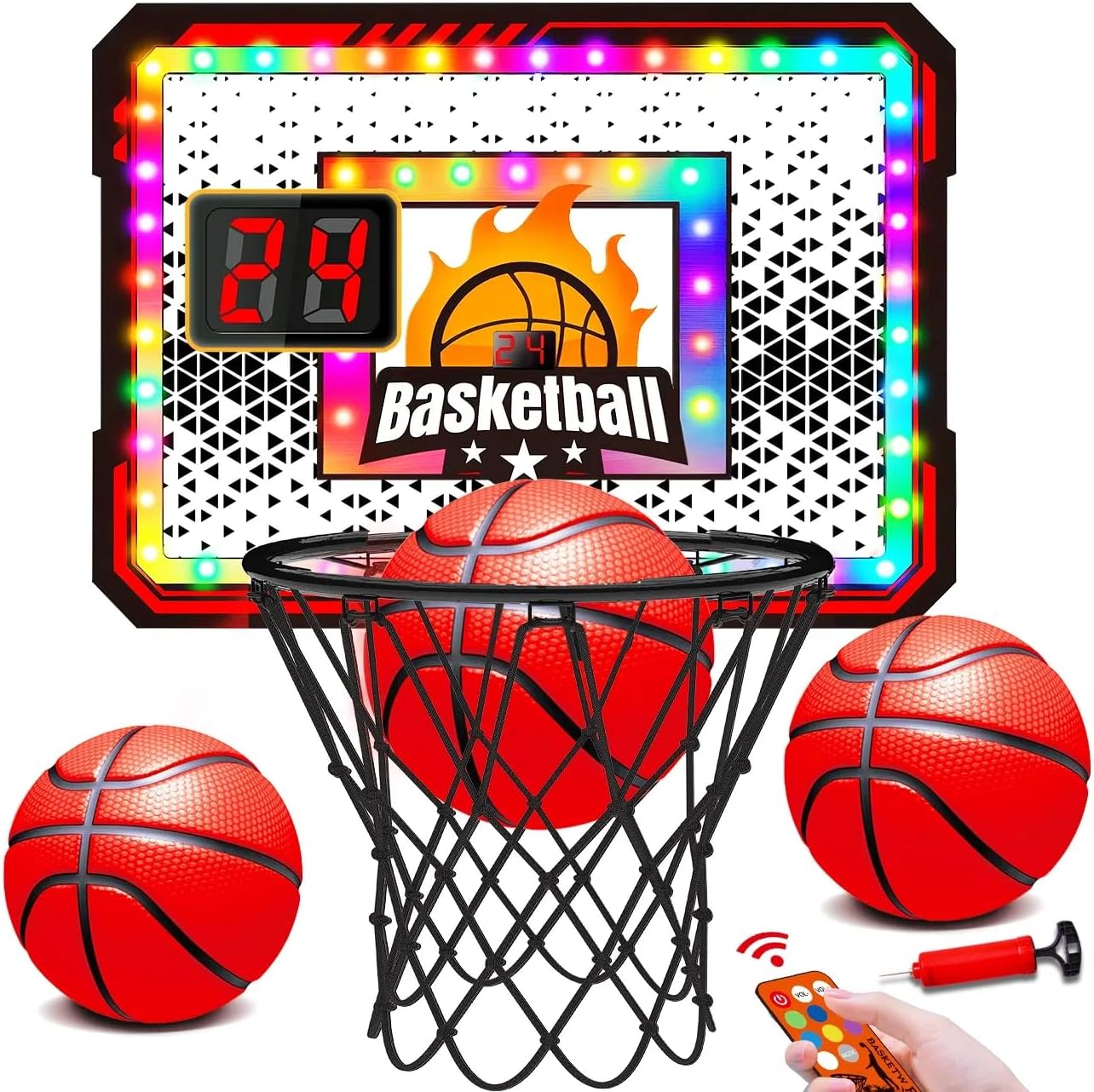 VATOS Basketball Hoop Indoor for Kids, Light up Basketball Hoops with 6 Color LED Lighting, Remote Controller, Scoreboard & 3 Balls, Over The Door Basketballs Game Toys Gifts for Kids 5-12 Boys Girls