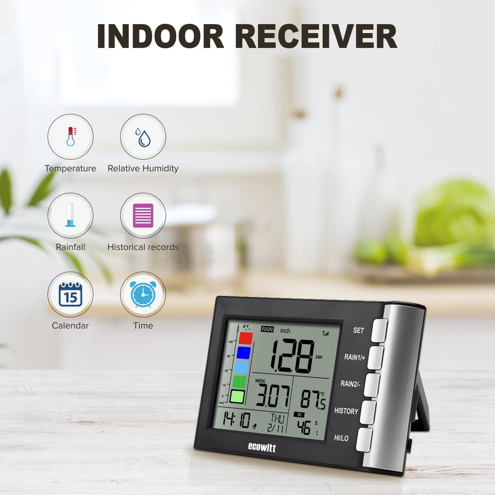 Ecowitt Mini WN20 Sensore pluviometrico + display digitale 3 in 1 ad alta precisione da 3,94 pollici con termometro-igrometro da interno, pluviometro con sistema di svuotamento automatico