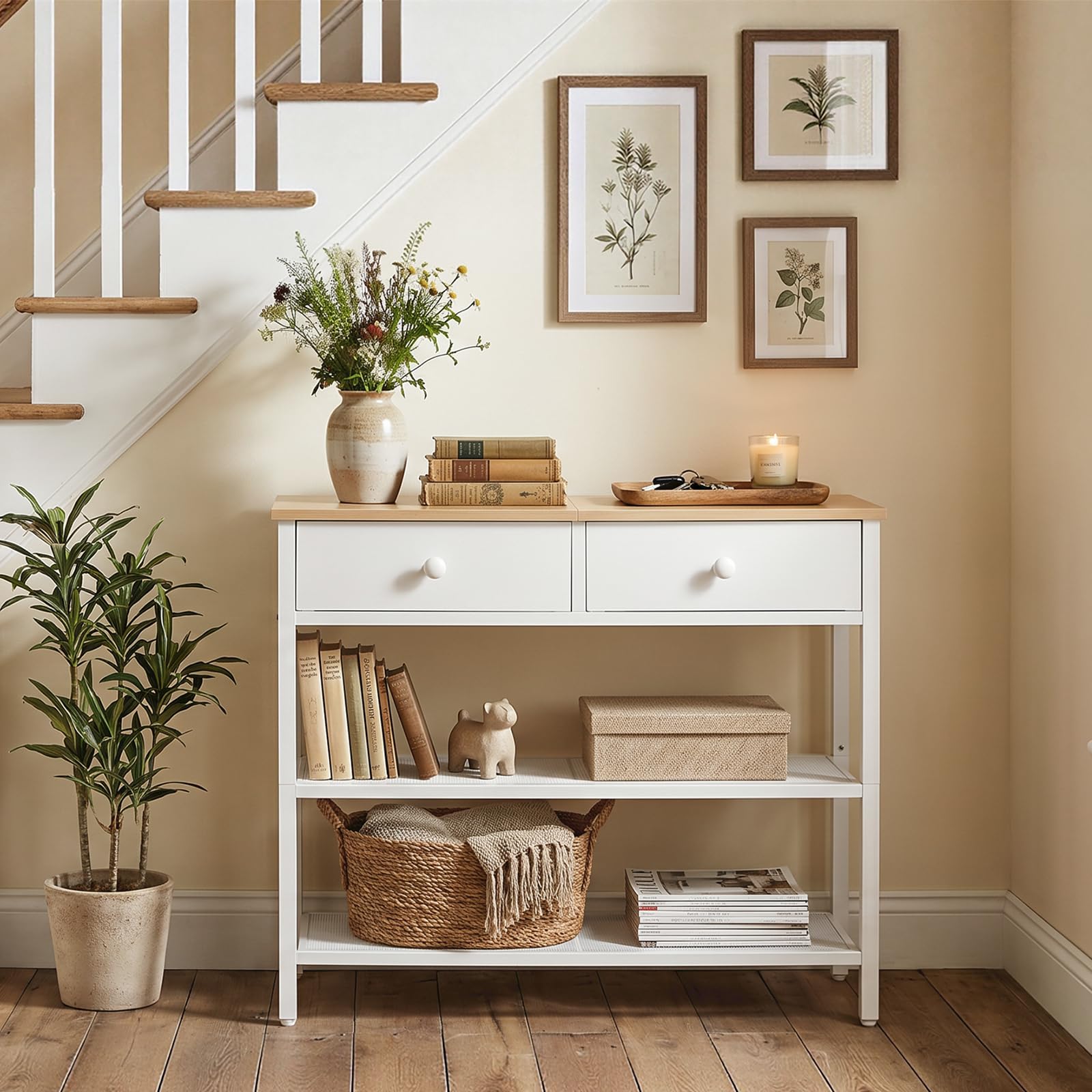 HOOBRO Mesa de Entrada de 75 cm de Largo, Mesa de Sofá de Estilo Industrial con Dos Cajones de Tejido no Textil, Consola con 3 Estantes, Dormitorio, Blanco y Color Madera Natural EWW72XG01G1