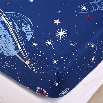 Chickwin Nordic Fitted Sheets Bedding Sheets with Deep Pocket 30cm for Single Double King Bed - Microfibre Soft Shrinkage Fade Resistant Easy Care Cosmic rocket,90x200+30cm
