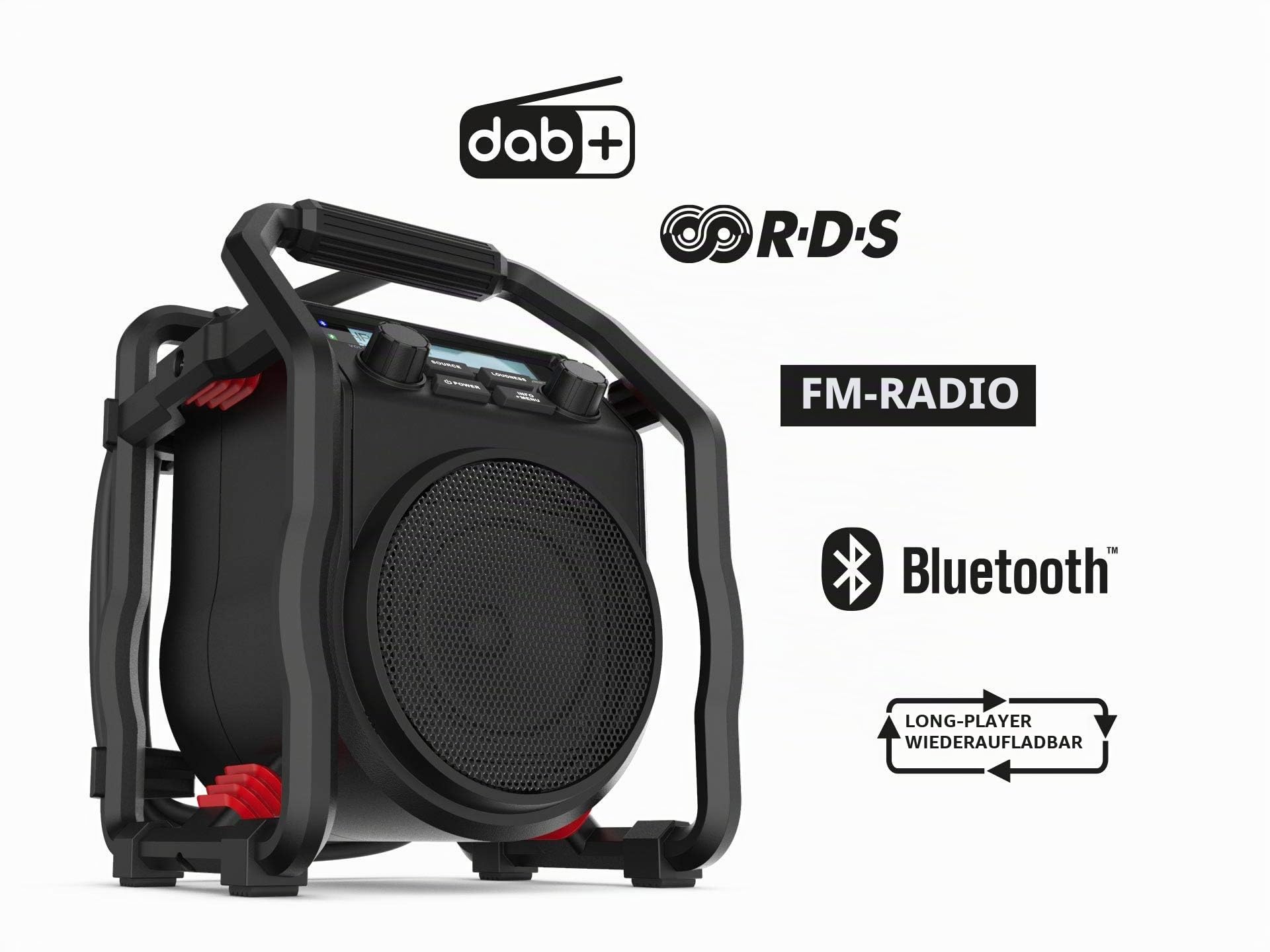 PerfectPro Baustellenradio UBOX400R, DAB+ und UKW-Empfang, Bluetooth, MP3, Radio mit AUX-Eingang, Stoßfest, Wiederaufladbar, Netzstrom und Akku, IP64, UB400R2