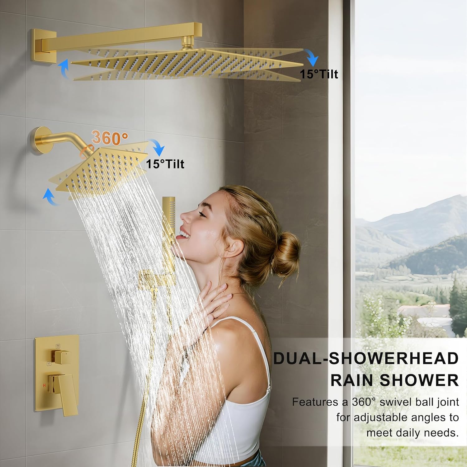 Shower Faucet Set, Wall Mounted Rainfall Shower System 12"+ 6" Dual Shower Head Sets with 2 in 1 Handheld Spray with Rough-in Valve and Shower Trim Kit, Brushed Gold