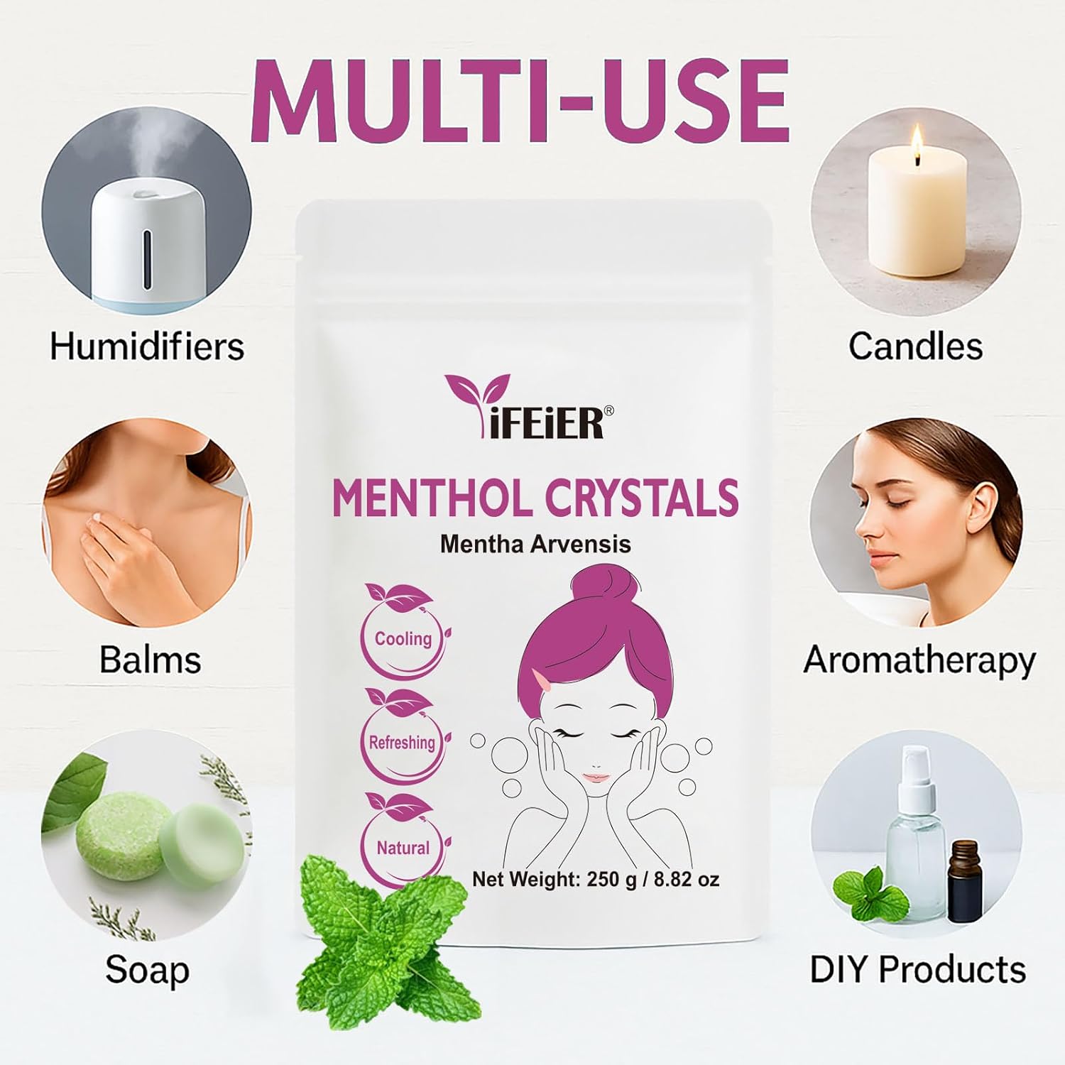iFEiER 100% Pure Menthol Crystals 250g (8.82oz) | Organic and Natural Mint Crystals | Mentha Arvensis | for Foot Sprays, Candles, Soaks, Creams, Showers, Bath, Steam Rooms and Soap Making.
