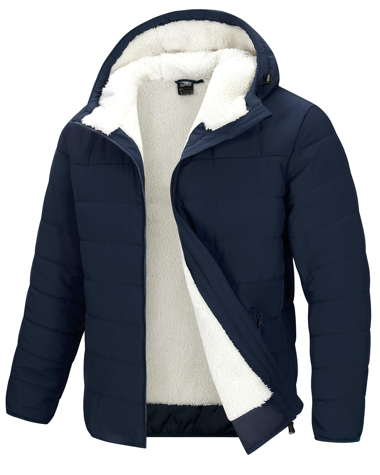 33,000ft Fleecejack voor heren, lichte gewatteerde jas, warme jas met capuchon, winddicht, vrije tijd, overgangsjas, waterafstotend gevoerd fleece, wandeljas, winterjas voor mannen, donkerblauw, L
