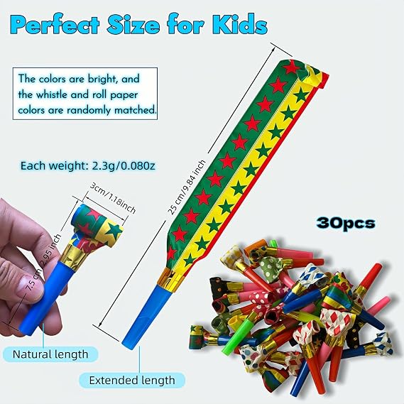 30-Pack Colorful Party Blowouts Noise Makers - Squawker Horns for Birthday, Wedding, New Year, Graduation - Fun Creative Toy Whistles with Automatic Roll-Out & Durable Material (Random Colors)