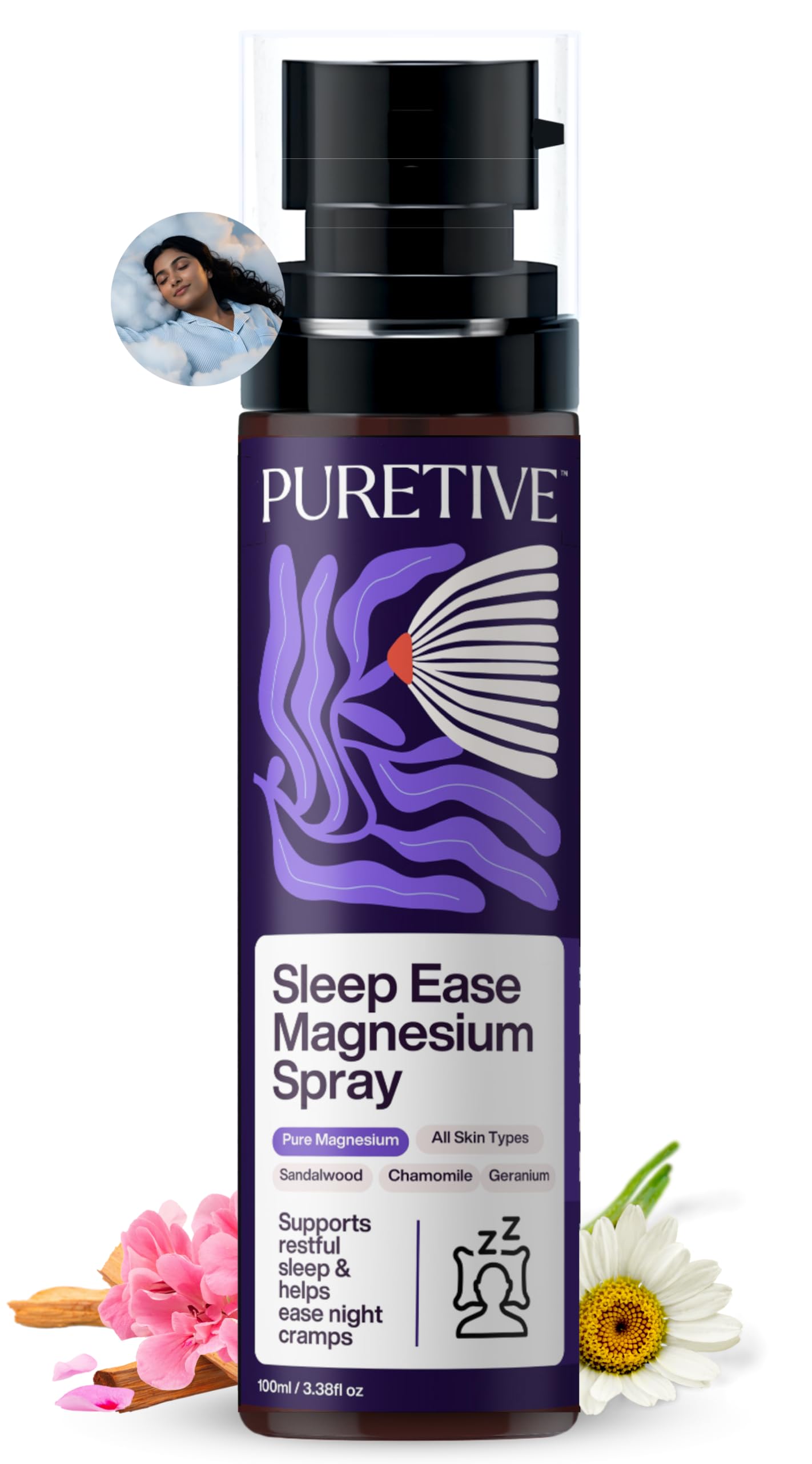 sleep ease magnesium oil spray - puretive - lavender & chamomile – natural transdermal magnesium for restless legs, muscle relaxation & deeper sleep – gentle formula for sensitive skin (100ml)