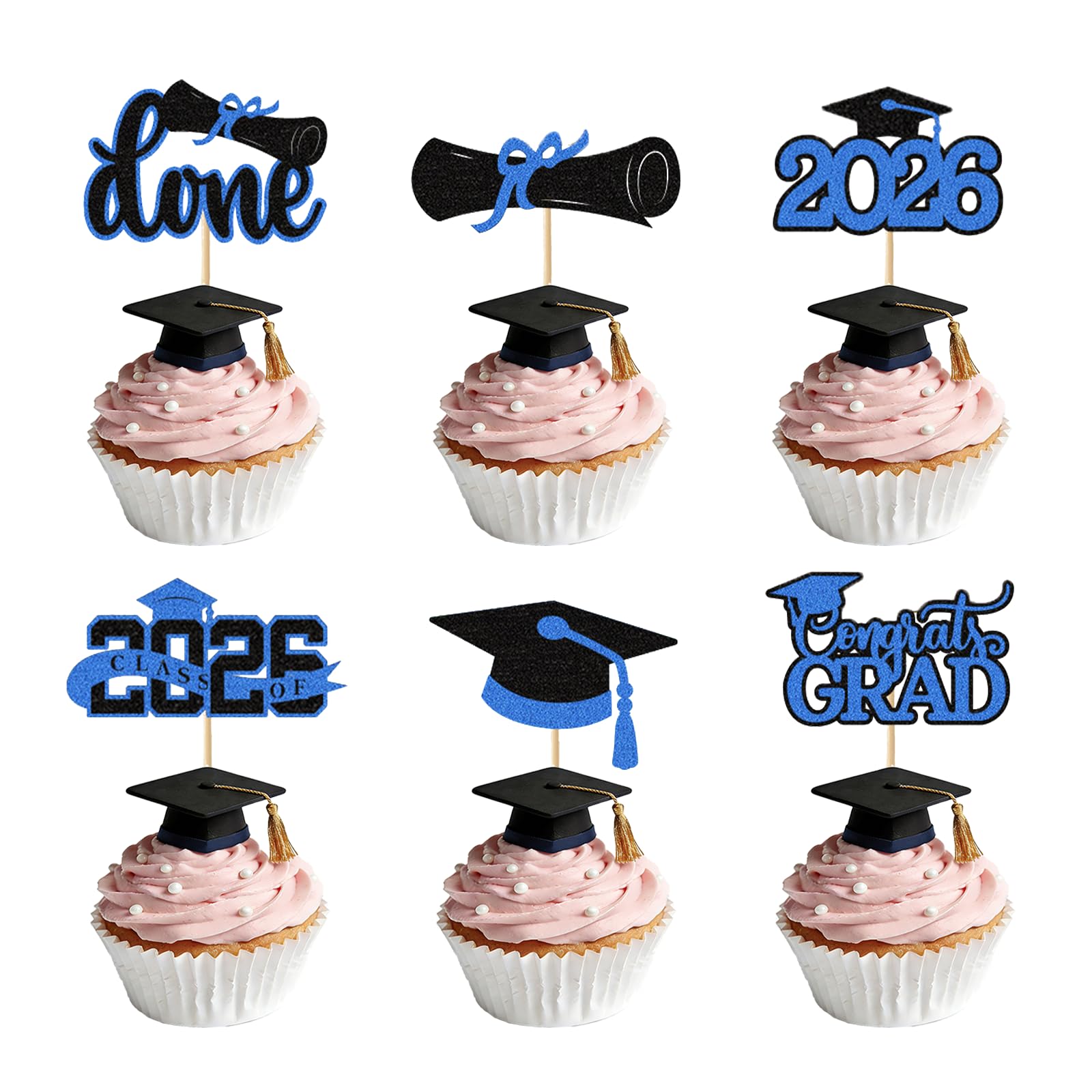 24Pcs 2026 Graduation Cupcake Toppers Congrats Grad Diploma Done Graduation Cap Glitter Cake Toppers Decorations for Class of 2026 Graduation Party Supplies