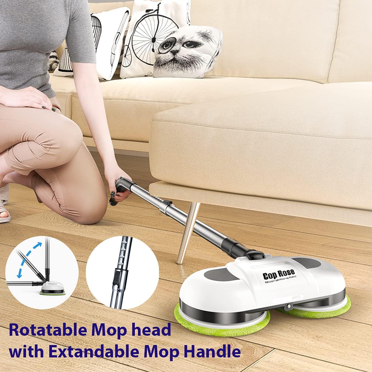 Black Friday 🔥 Cop Rose Cordless Electric Mop, large Size Electric Spin Mop with LED Headlight and Built-in Water Tank, Extendable Spray Mop with Mopping & Waxing Pads for hardwood, laminate floor scrubber