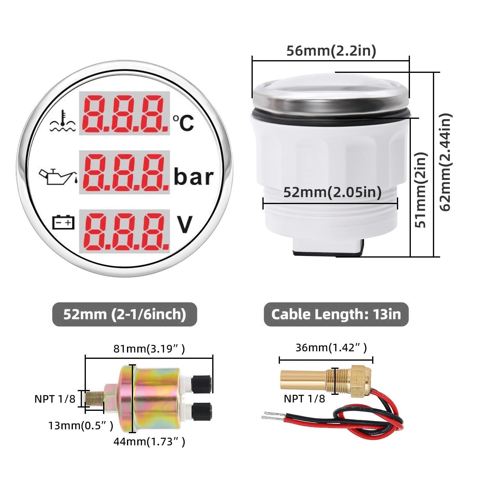 52 Mm 3 en 1 Voiture de Calibre Marine, Jauge Température L'eau de Liquide Refroidissement Moteur ° F + Gauge de Pression D'huile PSI + Voltmètre, Kit Capteur (Couverture argentée en cadran