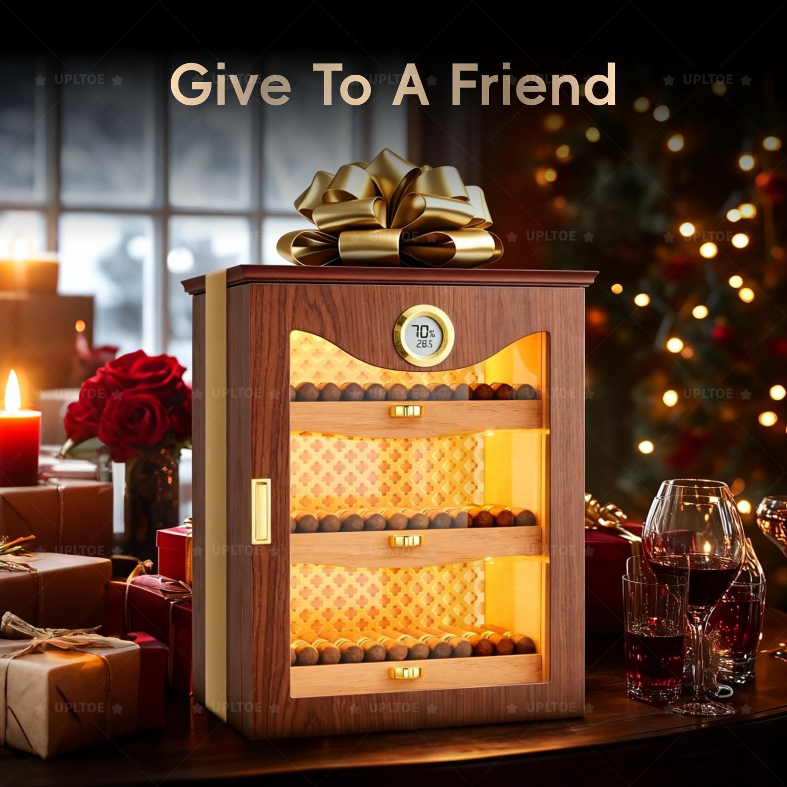 Biurkowa szafka humidor | do 130 sztuk | Precyzyjny elektroniczny higrometr | Cedrowe półki | 28×28×37 cm | 5,9 kg | Do przestrzeni mieszkalnych (użytku domowego) Black