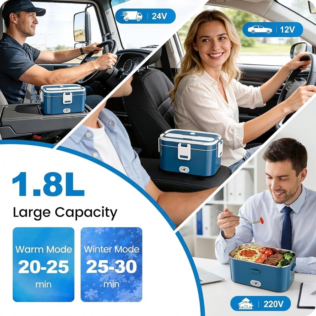 Elektryczny Podgrzewacz do Posiłków 1,8 L 100 W Lunch Box 12 V/24 V/240 V | Pojemnik na Żywność z Wyjmowanym Wkładem ze Stali Nierdzewnej i Torbą Transportową do Samochodu Ciężarówki i Biura