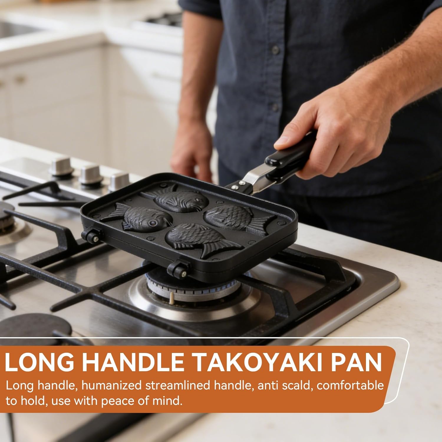 Cyrank Taiyaki Fish-Shaped Cake Pan, Non-stick Waffle Cake Maker Pan Fish-Shaped Pancake Double Pan Mold with Long Handle Pancake Baking Double Pan Mold Japanese Fish-Shaped Hot Cake Maker