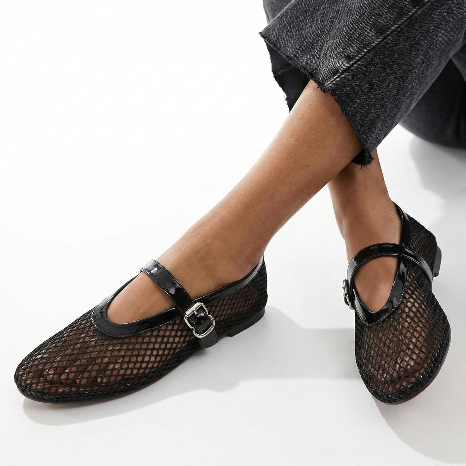 Women's Mesh Ballet Flats Buckle Strap Comfortable Ballerina Shoes Ladies Clear Fishnet Wide Width Flats for Women Slip-on Casual Dress Mary Jane Flats Fall 2025 - Image 4