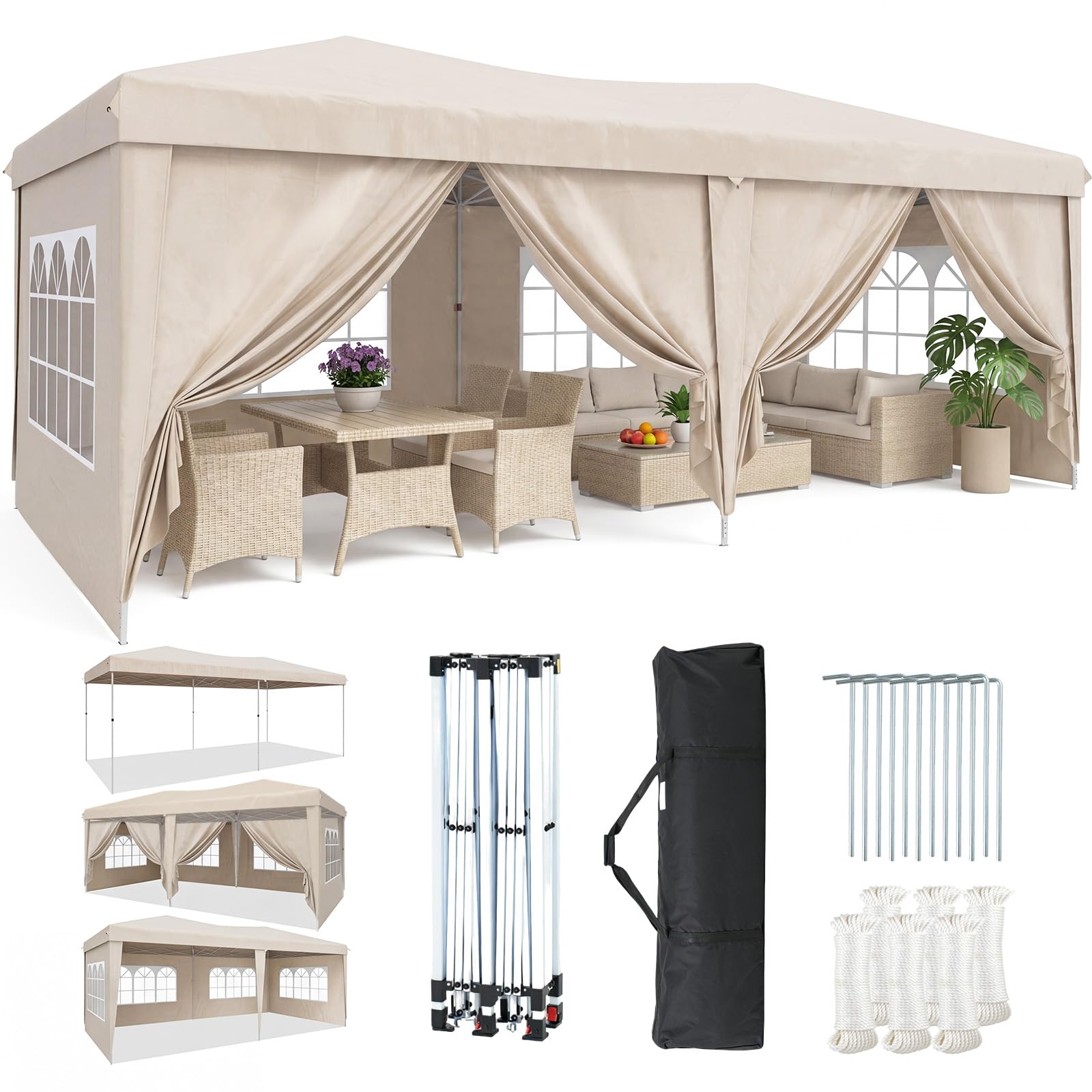 Aoxun Pop Up Gazebo 3x6m with 6 Removable Sidewalls, Waterproof Instant 10x20ft Tent, UV Protected Large Heavy Duty Party Canopy for Outdoor Events and Weddings (Beige) โ image 1
