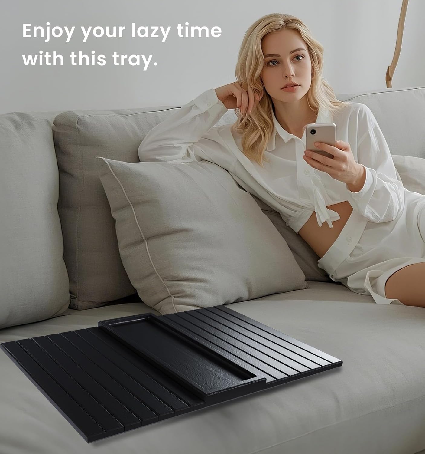 Sofa Arm Tray,Bamboo Folding Couch Arm Tray,Sofa Armrest Trays with Anti-Slip Pad for Drinks,Snacks,Phone,Remote Control（Black）